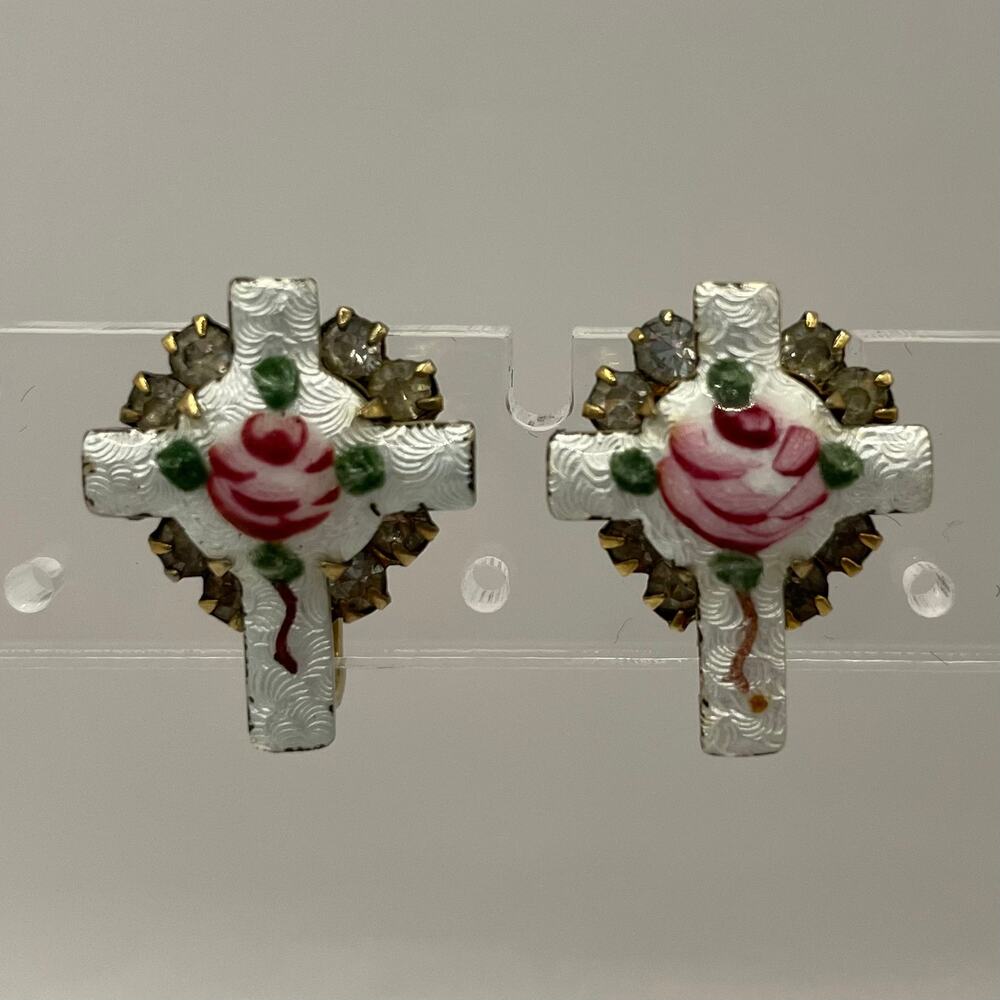 Vintage Gilloche Painted Floral Rose Screw Back Earrings Cross Rhinestones